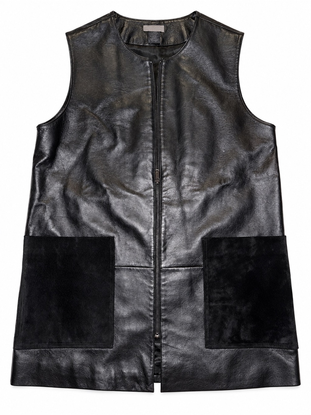 Neiman Marcus Black Leather Zip Front Longline Vest Suede Pockets XL